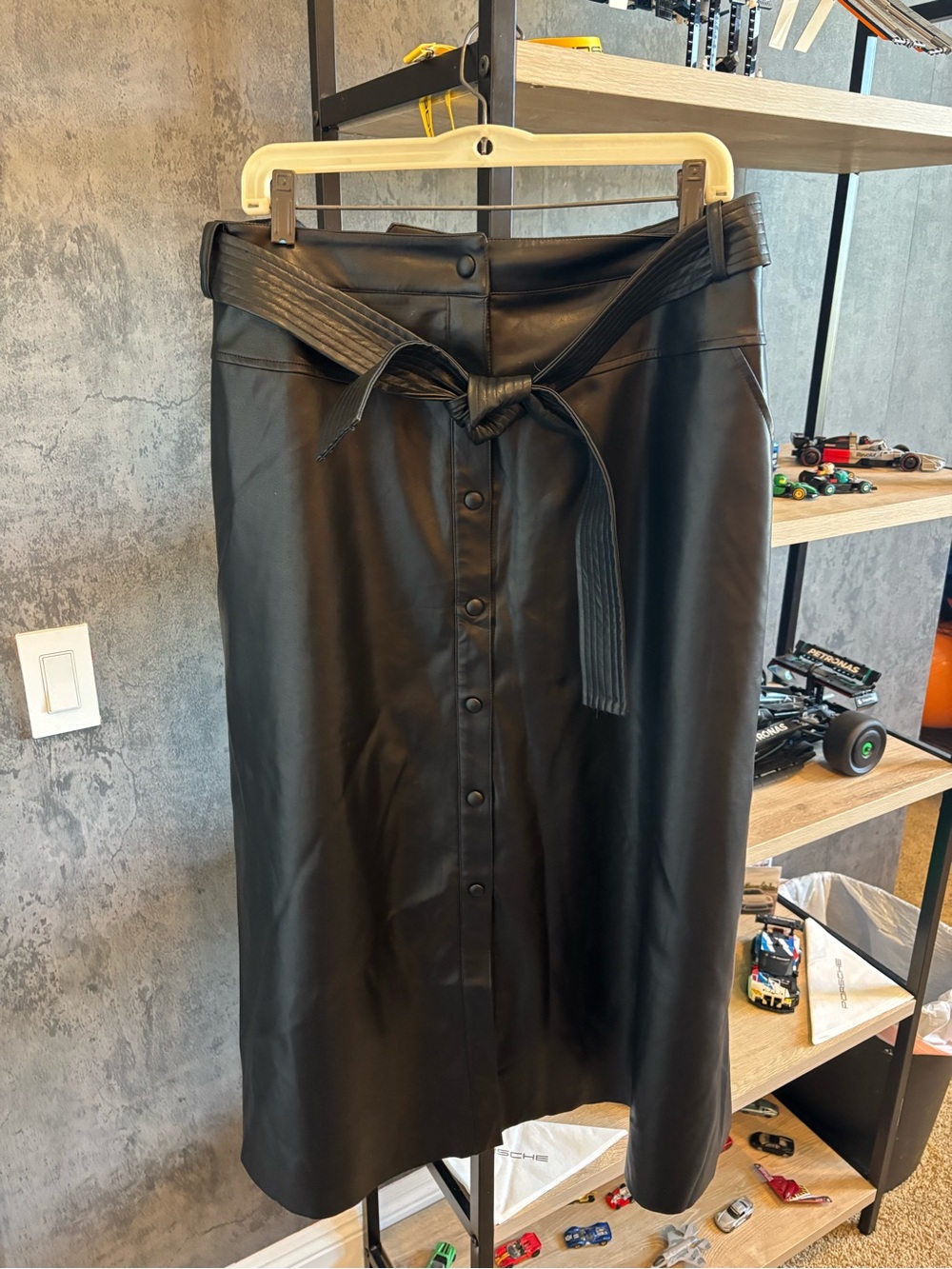 Calvin Klein Black Faux Leather Button-Front Midi Skirt with Tie Belt